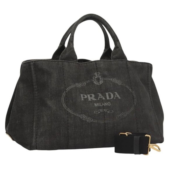 PRADA Canapa MM Hand Bag Denim 2way Black Gold - Picture 1 of 15